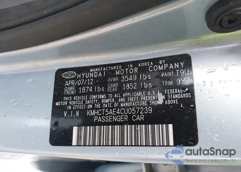 2012 Hyundai Accent Gs z USA, uszkodzony, nr VIN KMHCT5AE4CU057239